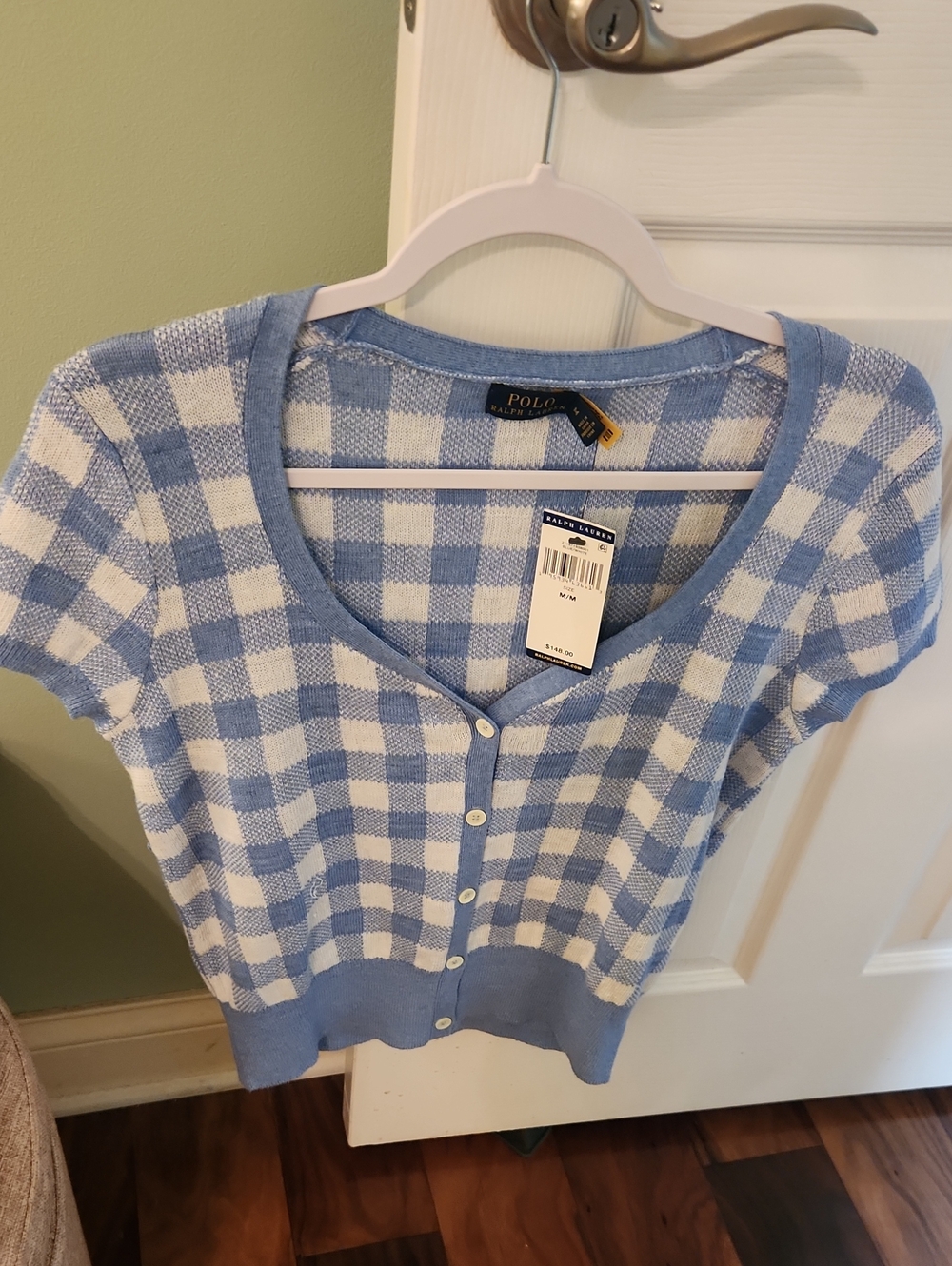 Polo by Ralph Lauren Blue and White Gingham Short Sleeve Cardigan
